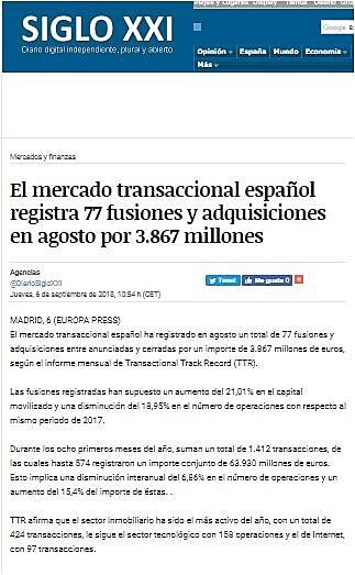 El mercado transaccional espaol registra 77 fusiones y adquisiciones en agosto por 3.867 millones